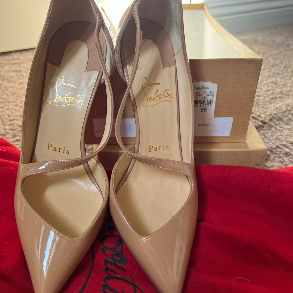Christian Louboutin Nude Patent Leather Pointed-Toe Crisscross Pumps. ..